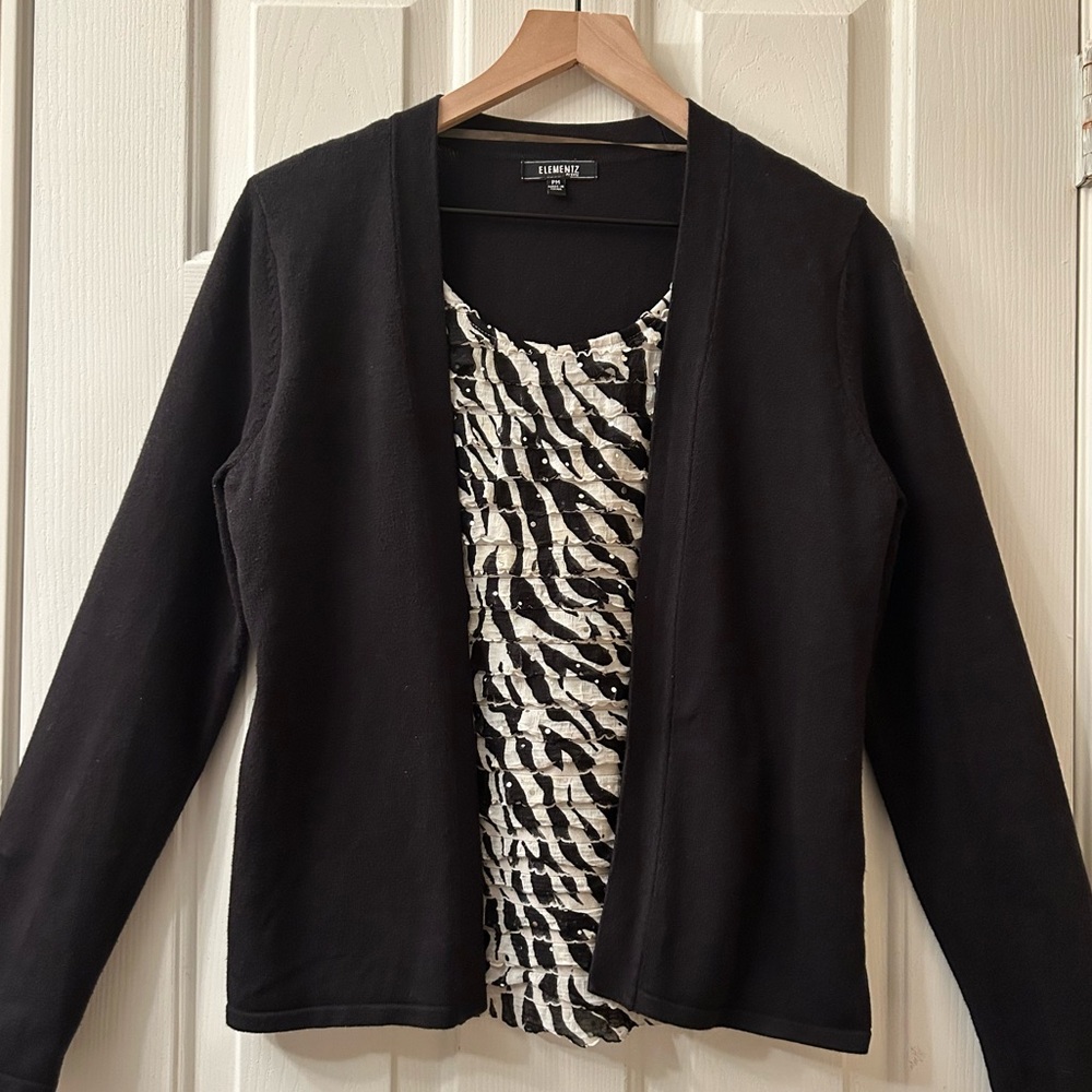 Elementz Black Cardigan with attached Zebra Print Top with sequins P-M
